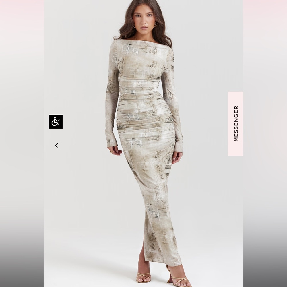 House of CB Lanetta Ruched Bateau Long Sleeve Maxi Dress Pale Sage Sand Print 🤍